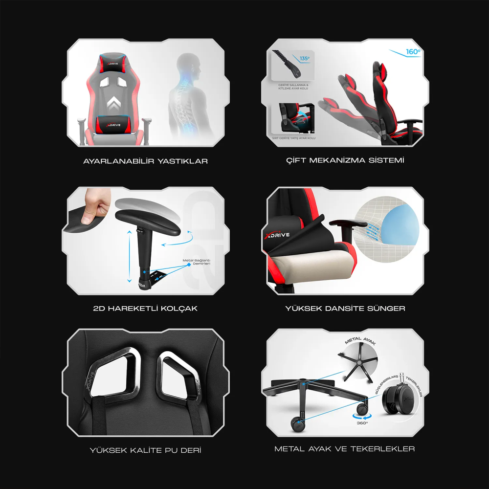 xDrive 15'LI Professional Gaming Chair Fabric Black/Black - 9