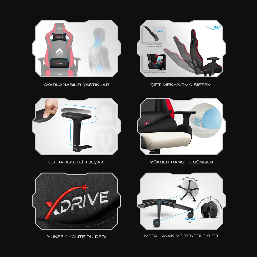 xDrive AKDENİZ Foot Extension Proffessional Gaming Chair Black/Black - 6
