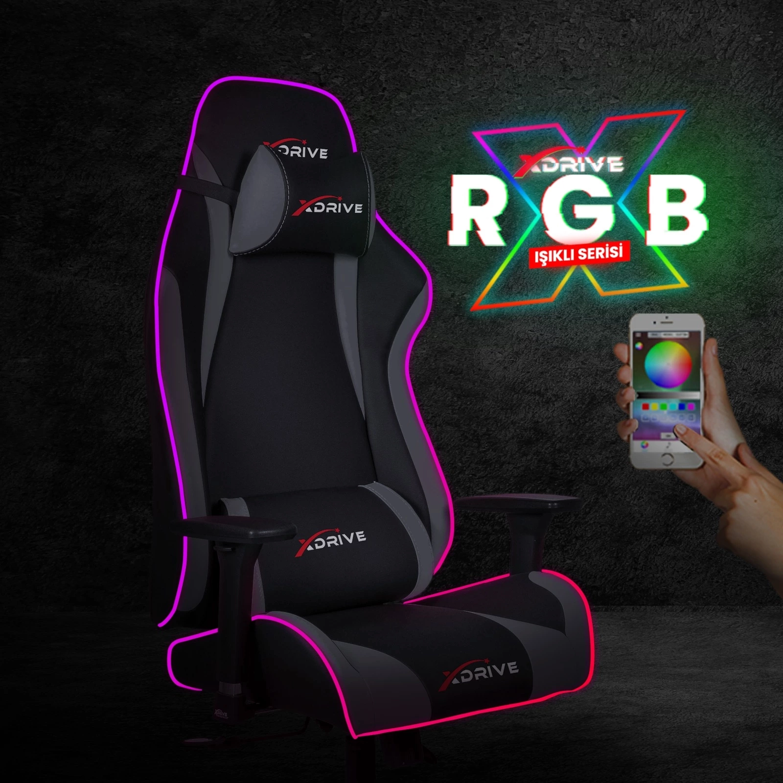Xdrive Akinci Rgb Isikli Profesyonel Oyuncu Koltugu Gri Siyah