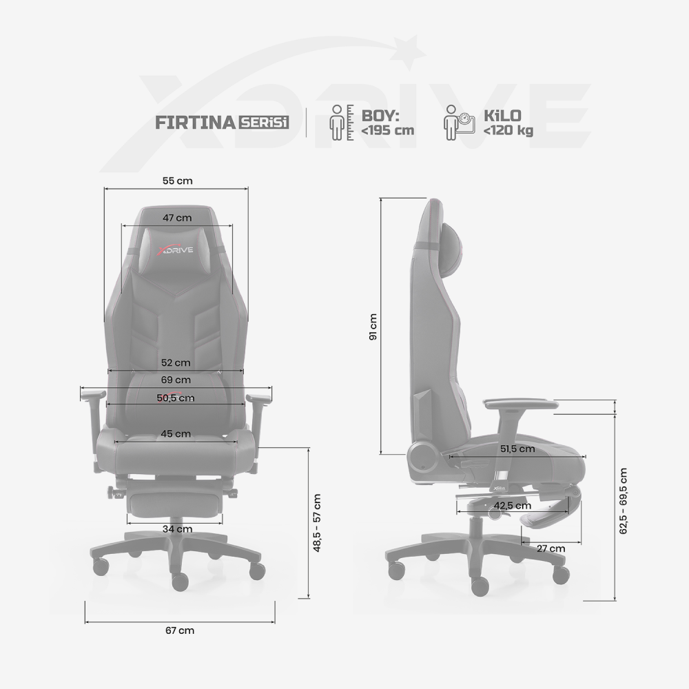 xDrive FIRTINA Massage Foot Extension Proffessional Gaming Chair Black/Black - 4