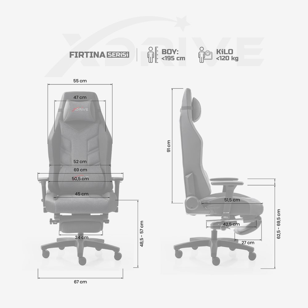 xDrive Fırtına Professional Gaming Chair Fabric Gray/Black with Foot Extensions - 4