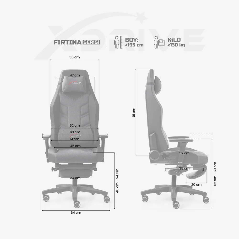 xDrive Fırtına Professional Gaming Chair Fabric Gray/Black with Feet Extension - 4